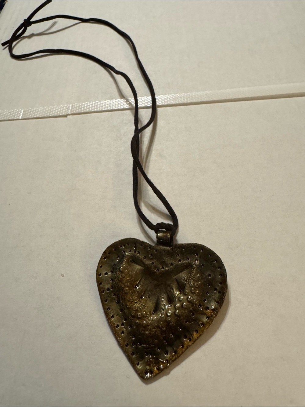 Textured Heart Pendant Necklace in Antique Brass-Tone